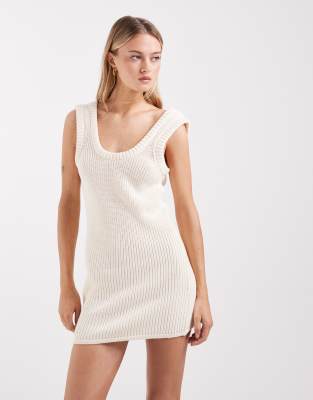 Asos Design Knit Cotton Boucle Dress With Sculpted Ribs In White