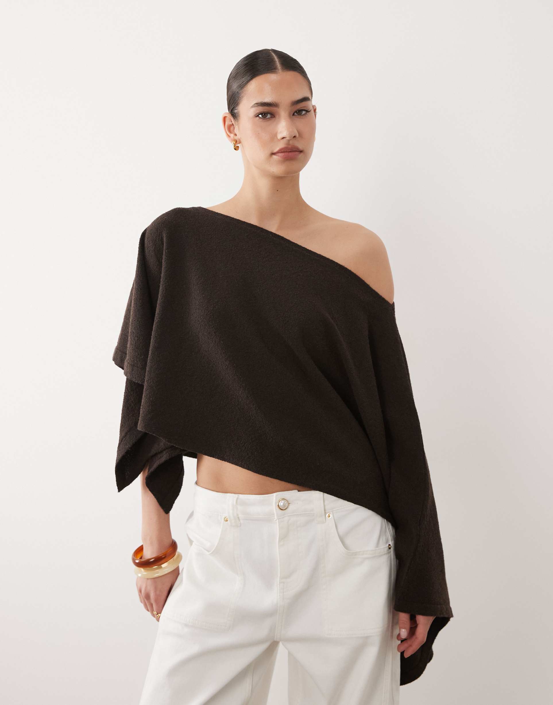 asos design knit cotton boucle poncho in brown