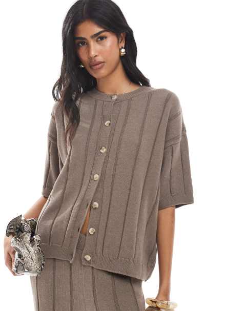 ASOS DESIGN knit cotton cardigan in mocha - part of a set - view 1