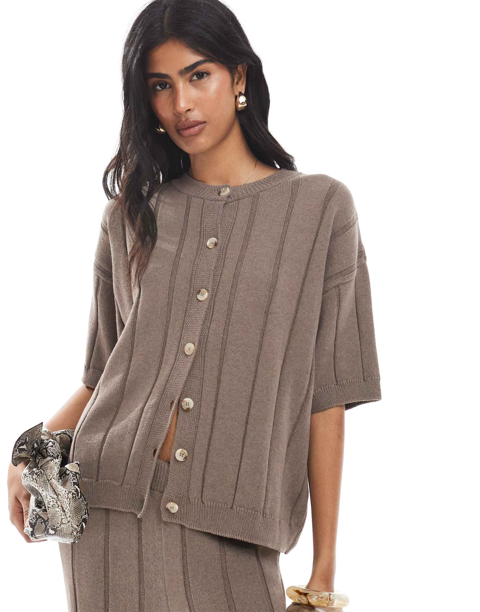 asos design knit cotton cardigan in mocha - part of a set