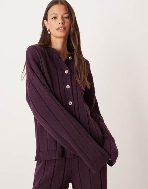 ASOS DESIGN knit cotton cardigan in plum - part of a set - view 1