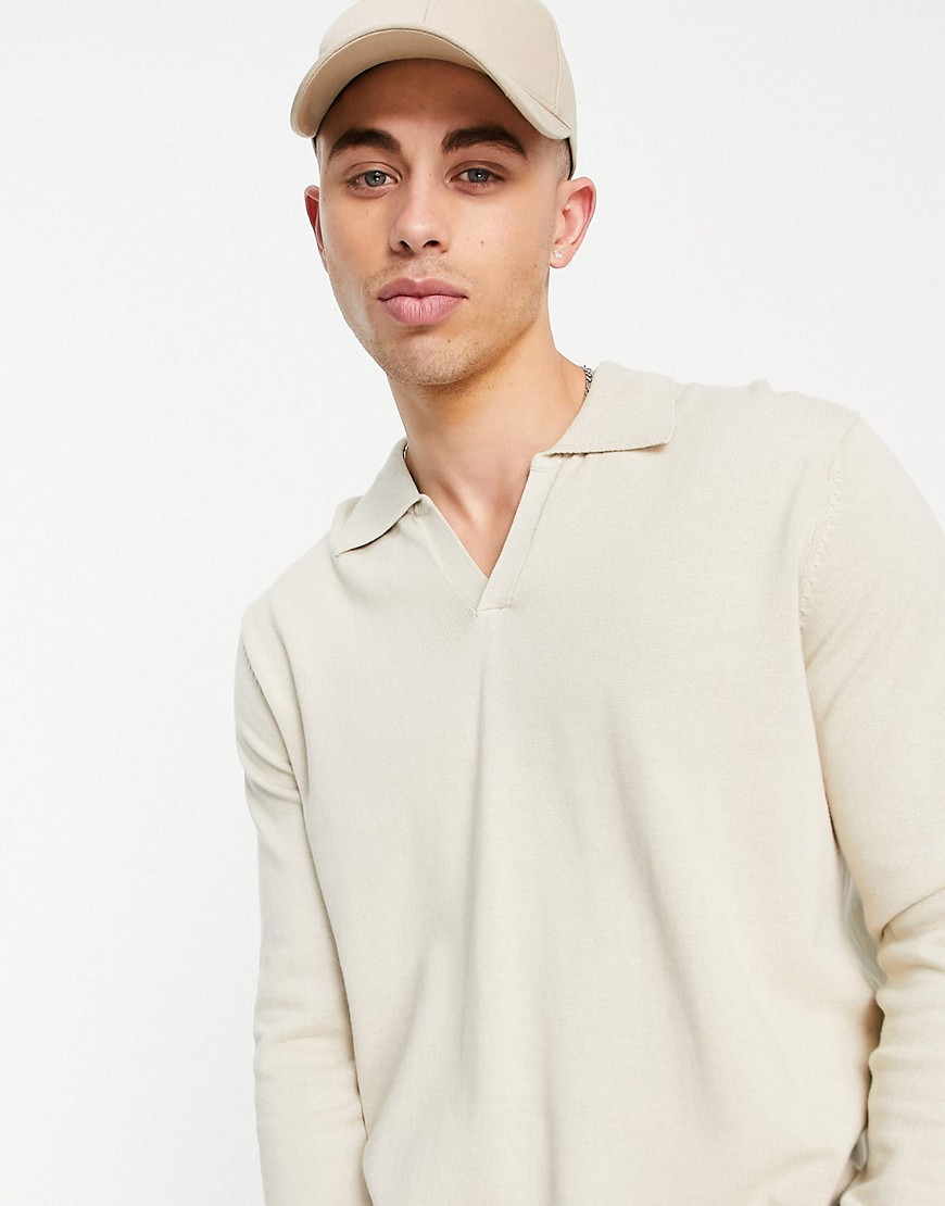 ASOS DESIGN knit cotton notch neck polo in beige-Neutral
