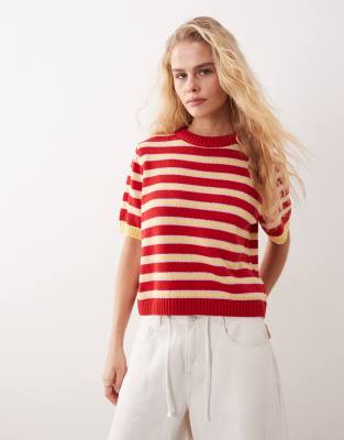 Asos Design Knit Cotton Rich Half Sleeve Sweater In Red