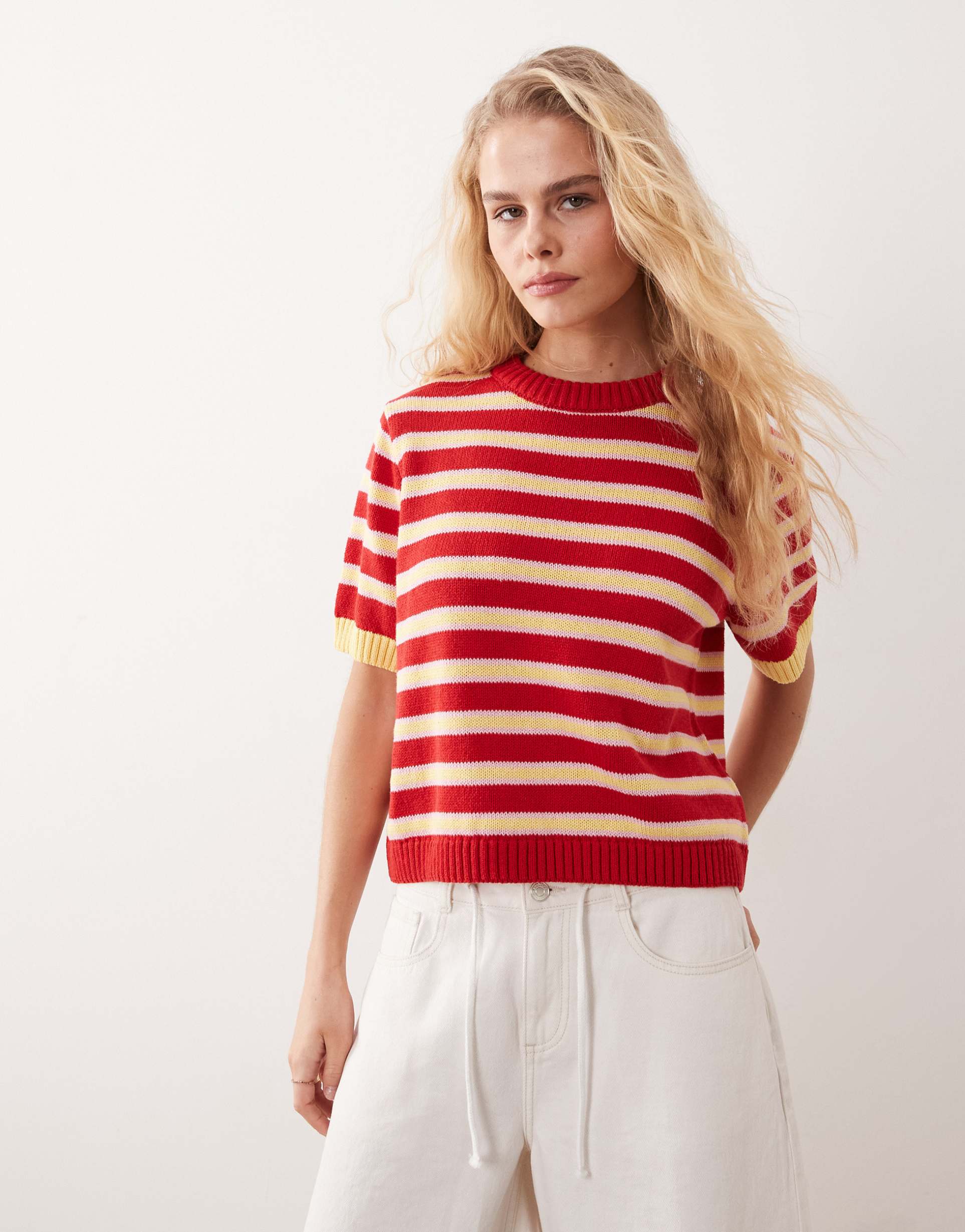 asos design knit cotton rich half sleeve sweater in red stripe
