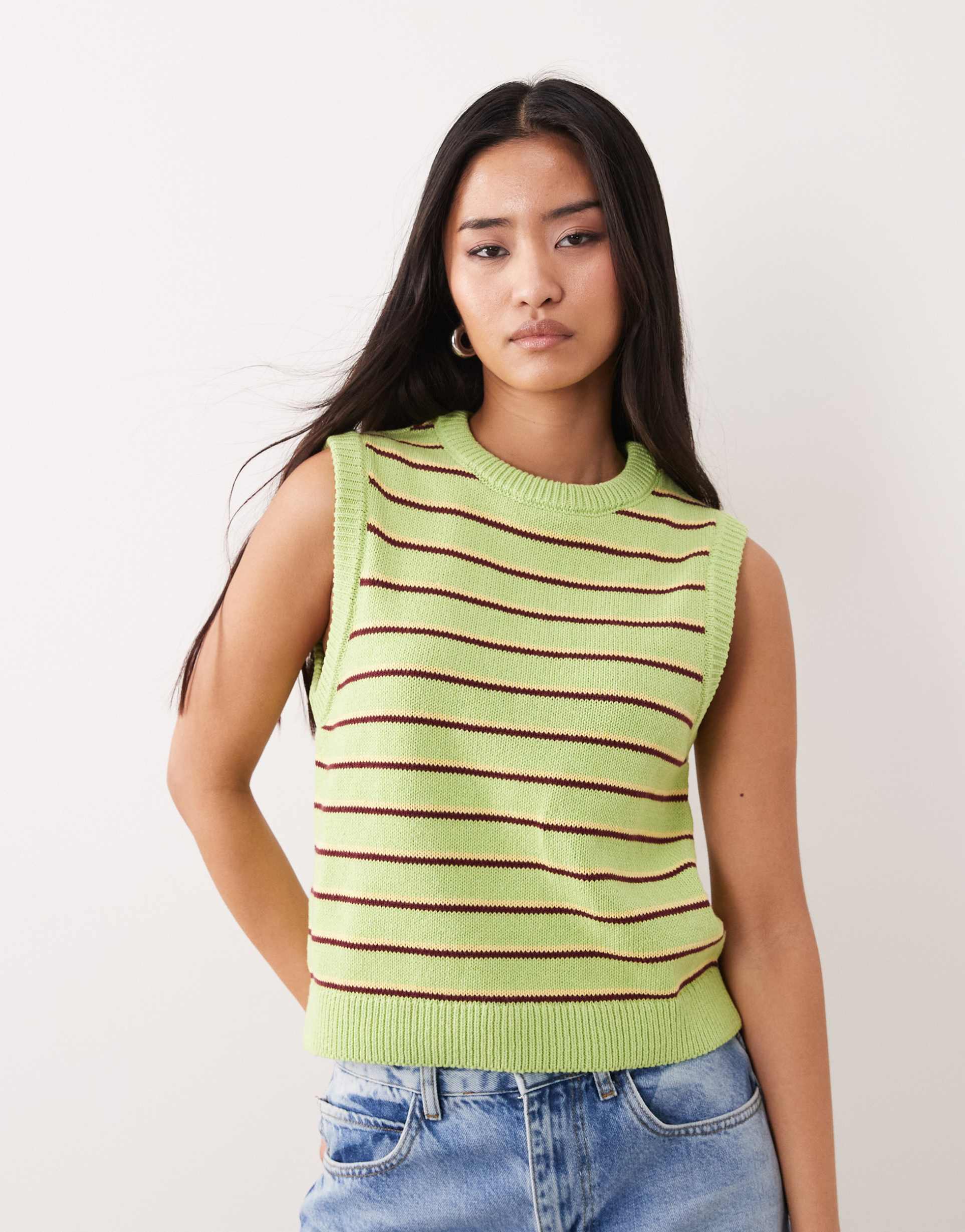 asos design knit cotton rich tank top in green stripe