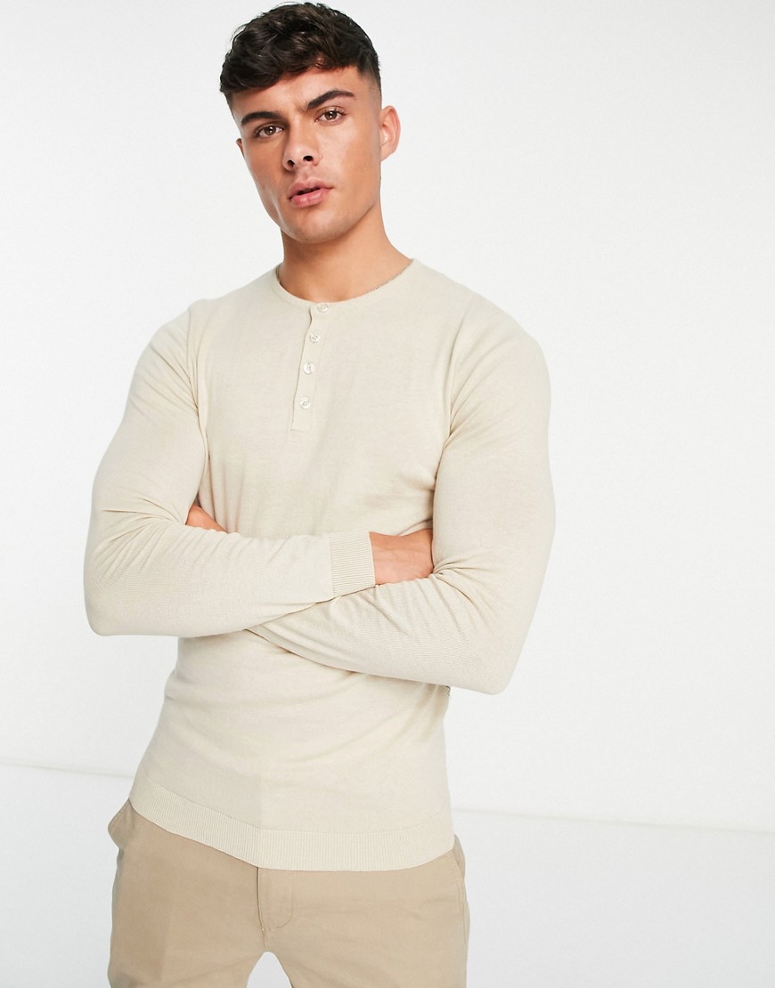 ASOS DESIGN knit cotton sweater with grandad neck in oatmeal-Neutral