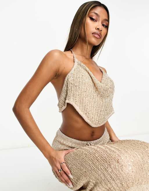 ASOS DESIGN knit cowl neck crop top in gold sequin yarn - part of