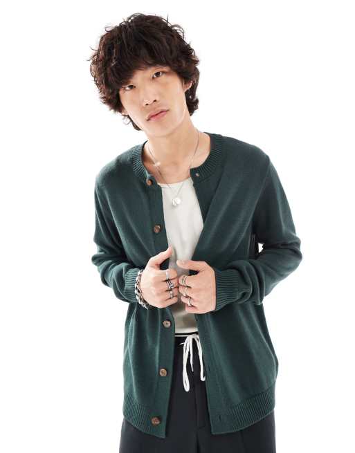 ASOS DESIGN knit crew neck cardigan in dark green