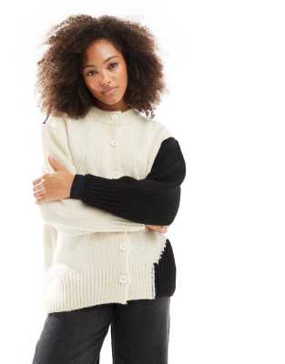 Asos Design Knit Crew Neck Cardigan In Mono Abstract Print-multi
