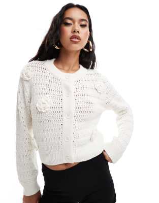 Asos Design Knit Crew Neck Cardigan In Open Stitch With Crochet Flower Detail In Cream-white