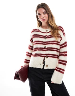 knit crew neck cardigan in stripe-Multi