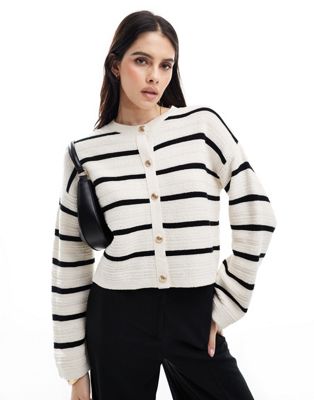 knit crew neck cardigan in textured stitch with gold buttons in stripe-Multi