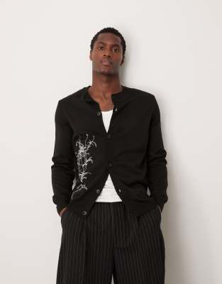 Asos Design Knit Crew Neck Cardigan With Embroidered Daisy Pattern In Black