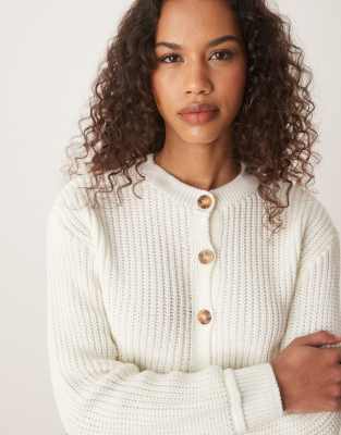 Asos Design Knit Crew Neck Cardigan With Gold Buttons In White