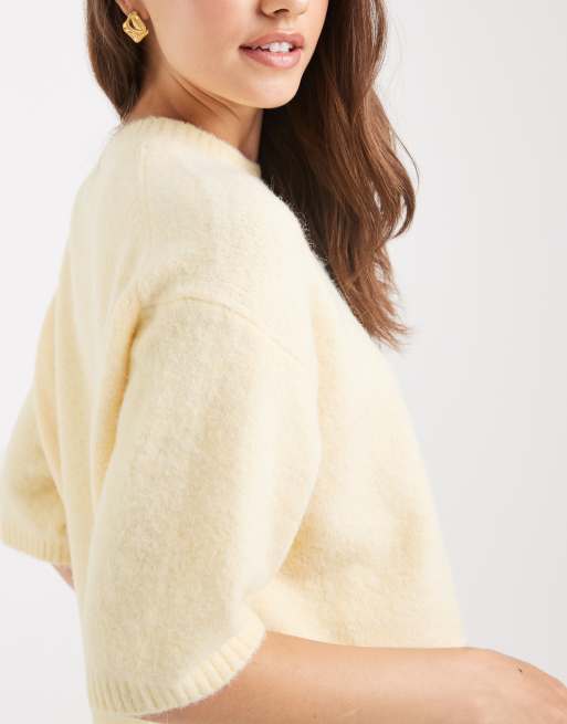 ASOS DESIGN knit crew neck fluffy t-shirt sweater in buttermilk