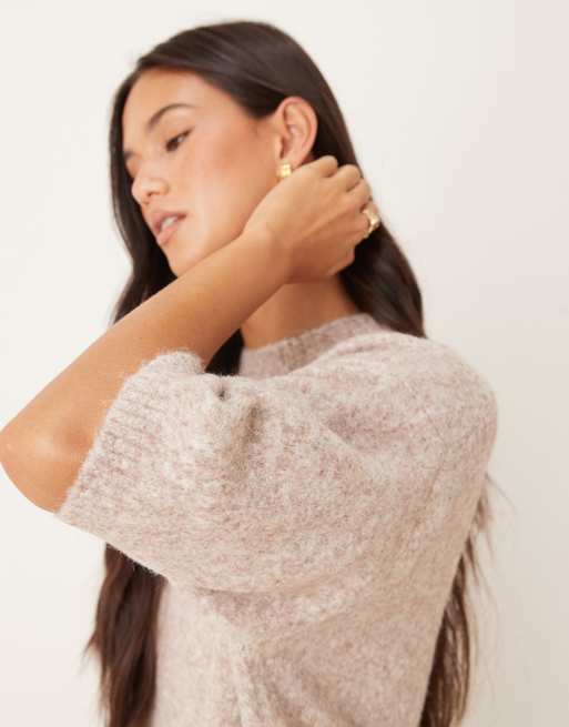ASOS DESIGN knit crew neck fluffy t-shirt sweater in mushroom