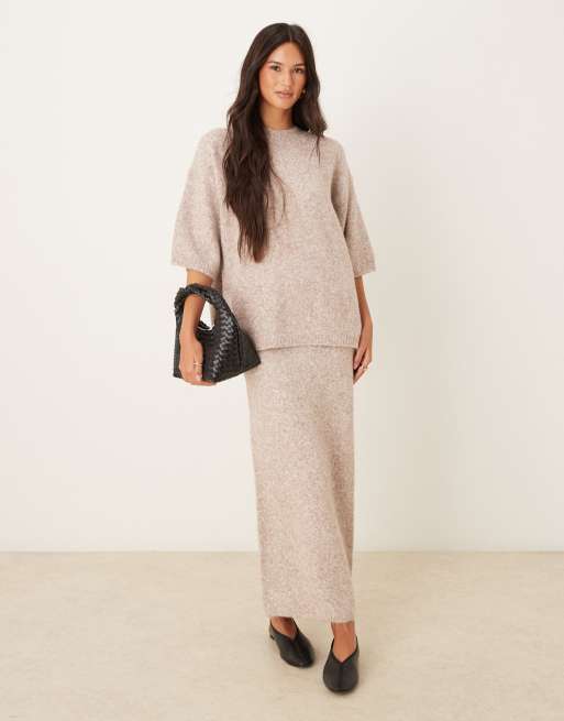 ASOS DESIGN knit crew neck fluffy t-shirt sweater in mushroom