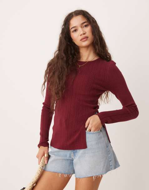 ASOS DESIGN knit crew neck longline top with button detail in burgundy - view 1