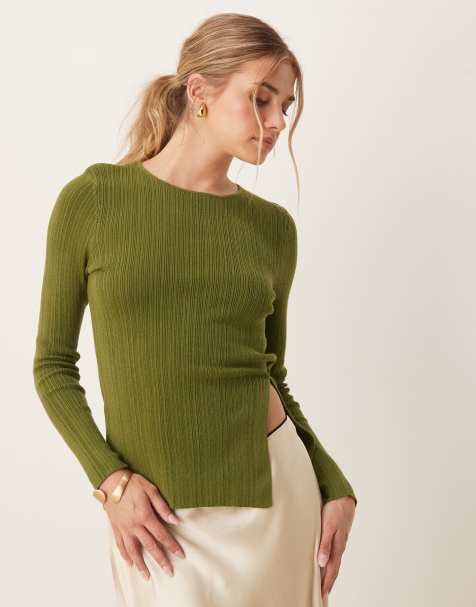 ASOS DESIGN knit crew neck longline top with button detail in khaki green - view 1