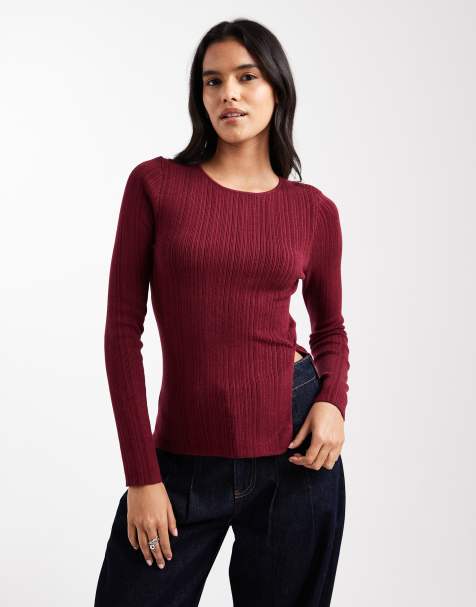 ASOS DESIGN knit crew neck longline top with side split in burgundy - view 1