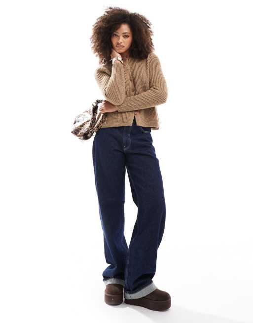 ASOS DESIGN knit crew neck peplum cardigan in dark taupe | ASOS