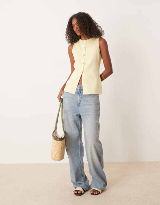 ASOS DESIGN knit crew neck structured vest with gold tone buttons in buttermilk
