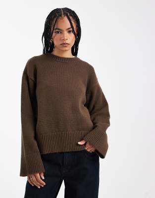 Asos Design Knit Crew Neck Sweater In Brown