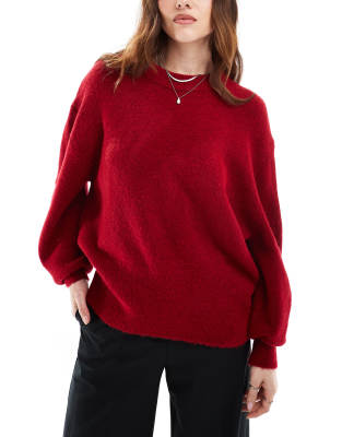 knit crew neck sweater with balloon sleeves-Red