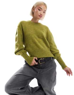 knit crew neck sweater with balloon sleeves-Green