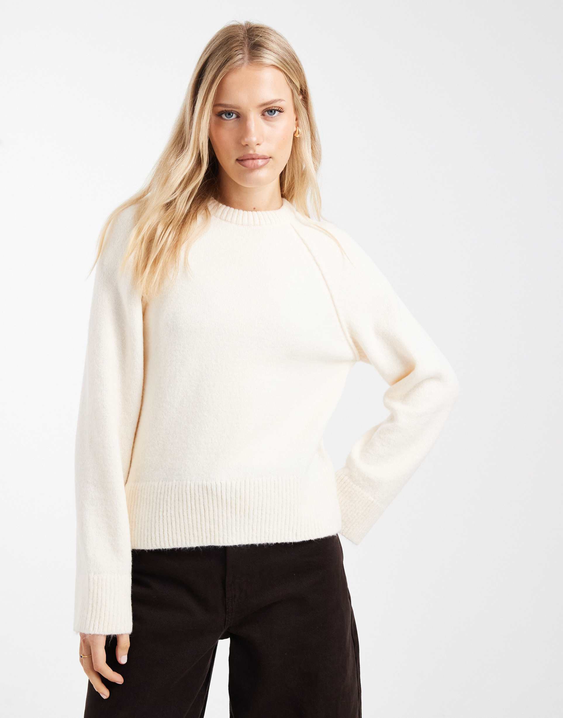 asos design knit crew neck sweater with raglan sleeve in ecru
