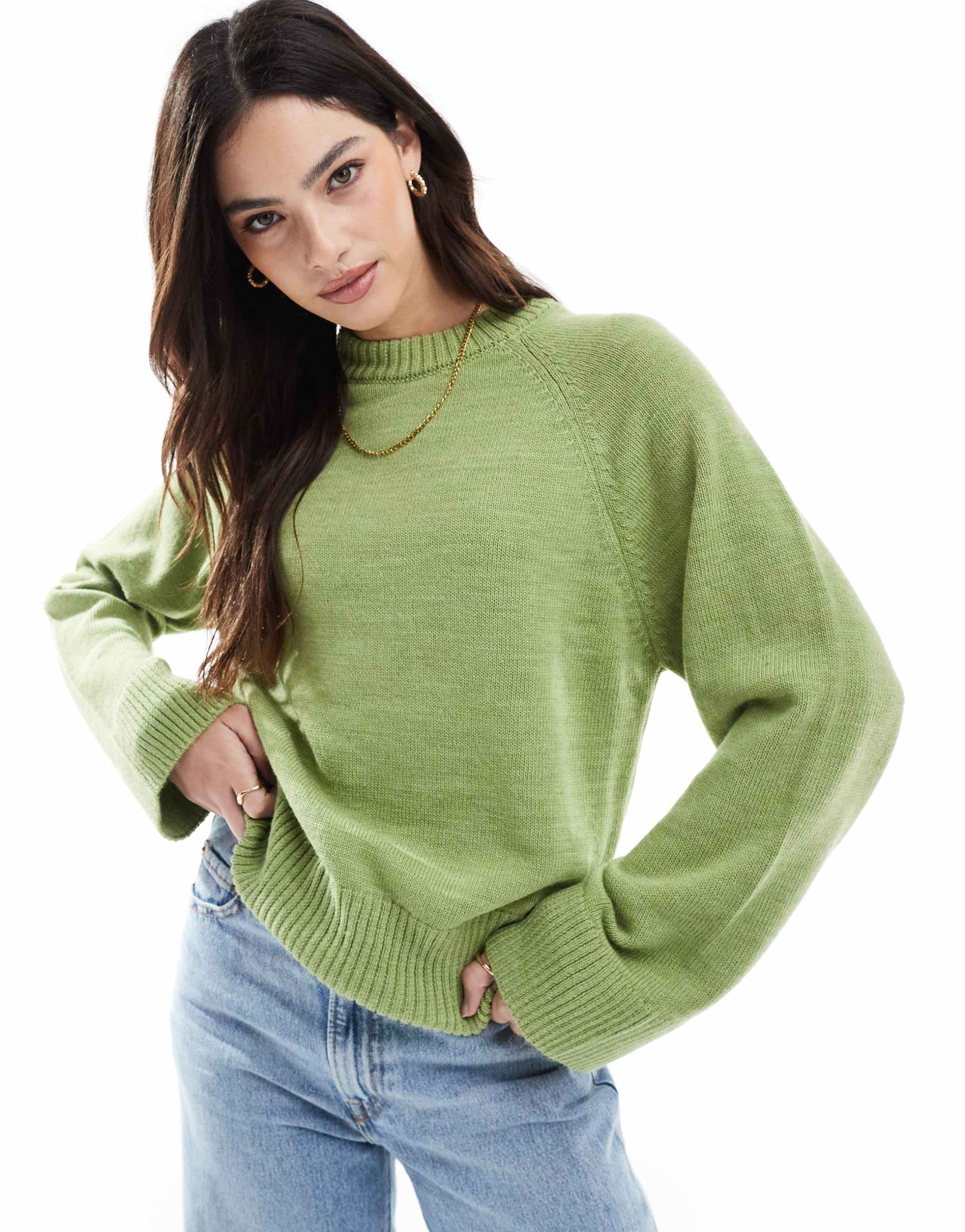 asos design knit crew neck sweater with raglan sleeve in olive