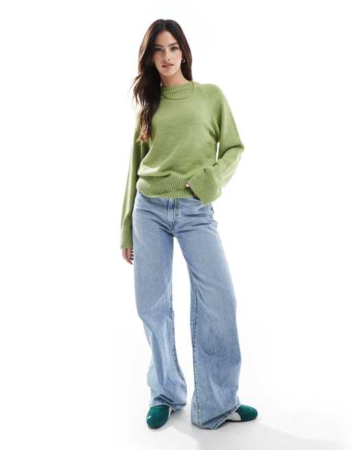 ASOS DESIGN knit crew neck sweater with raglan sleeve in olive