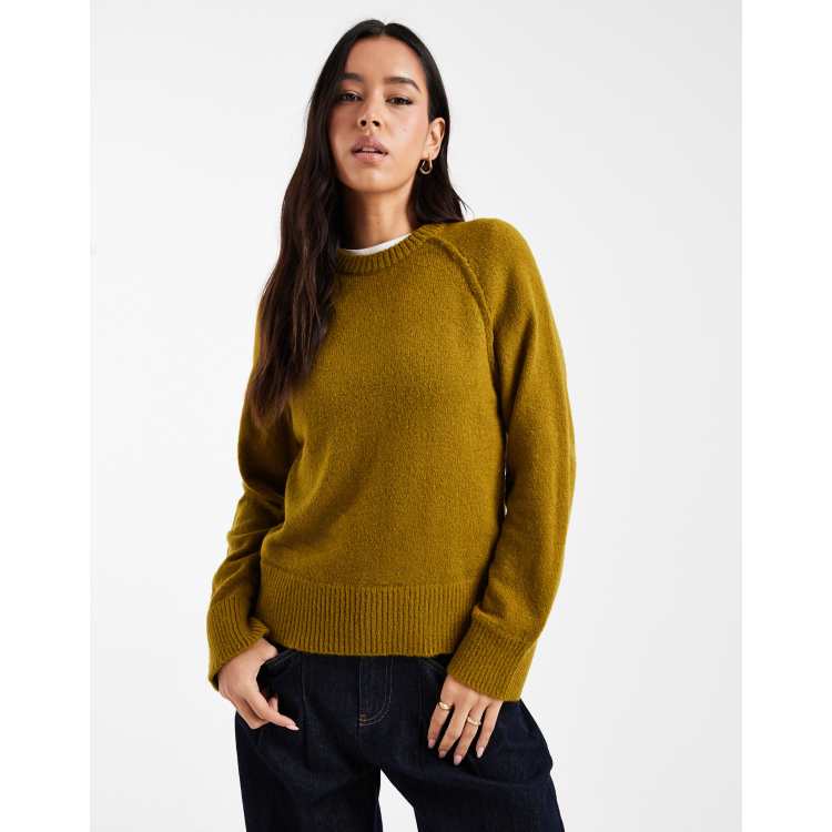 ASOS DESIGN knit crew neck sweater with raglan sleeve in olive | ASOS