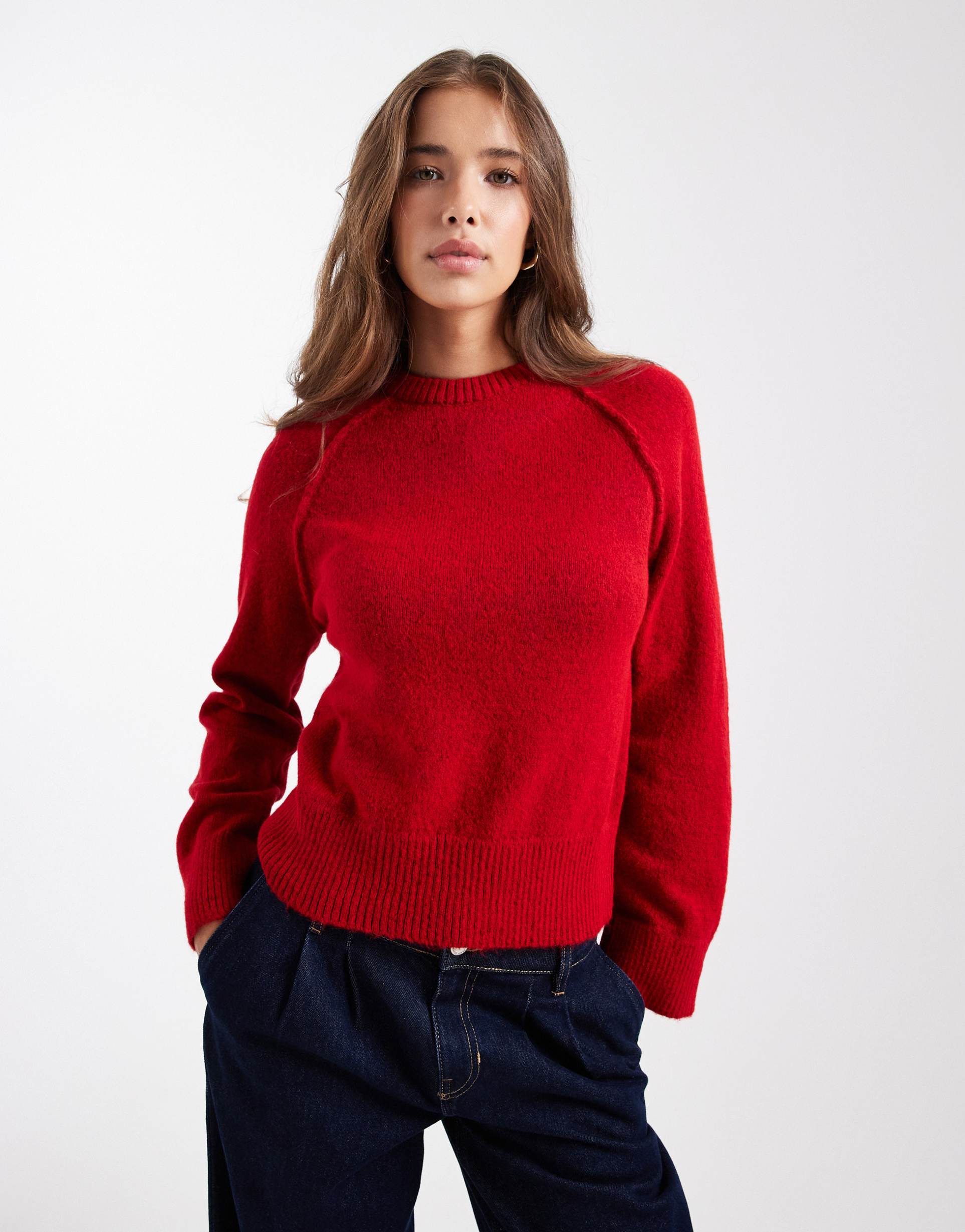 asos design knit crew neck sweater with raglan sleeve in red