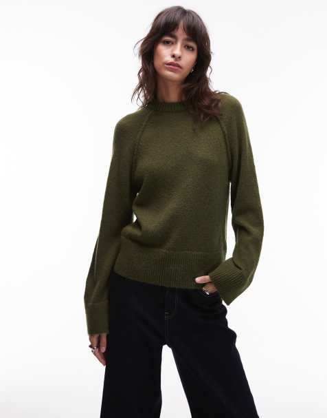 ASOS DESIGN knit crew neck sweater with raglan sleeves in khaki green - view 1