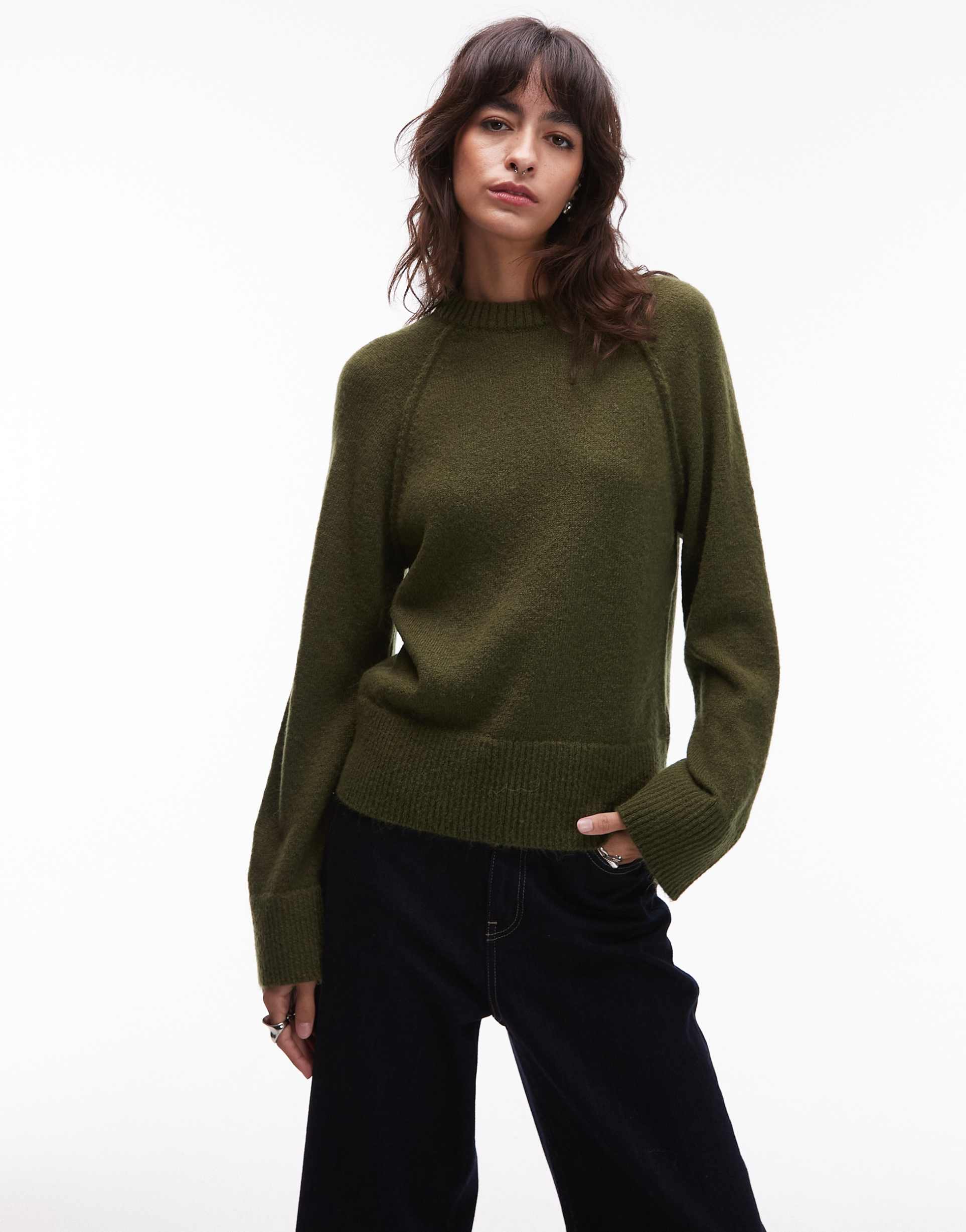 asos design knit crew neck sweater with raglan sleeves in khaki green
