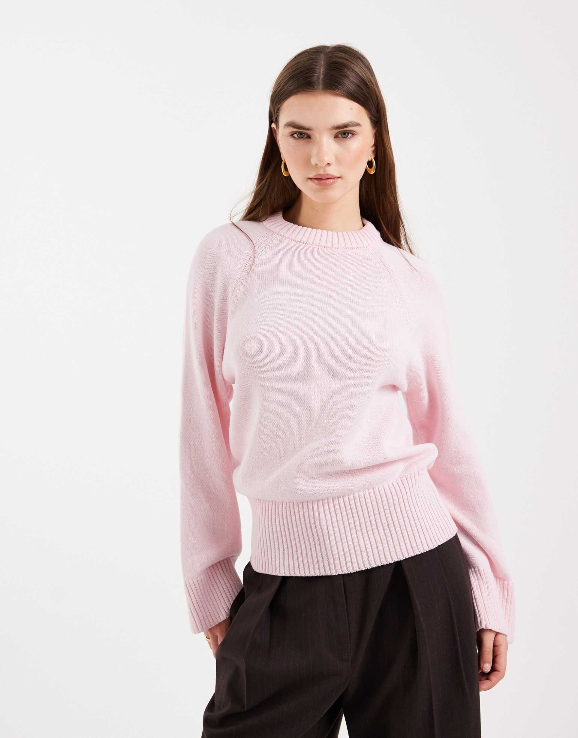 asos design knit crew neck sweater with raglan sleeves in pink