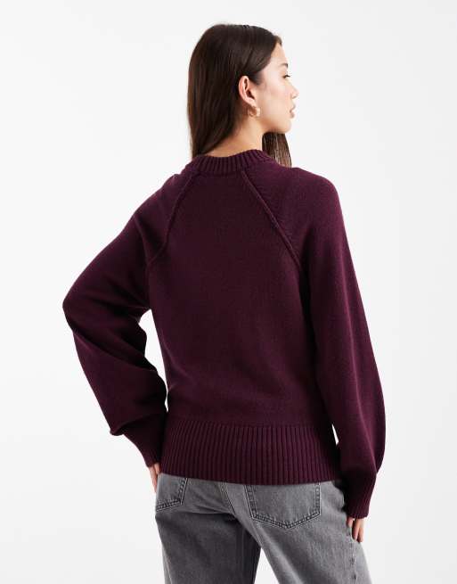 ASOS DESIGN knit crew neck sweater with raglan sleeves in plum, 2 of 4