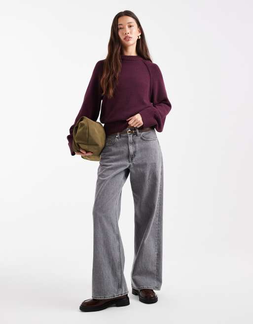 ASOS DESIGN knit crew neck sweater with raglan sleeves in plum, 3 of 4