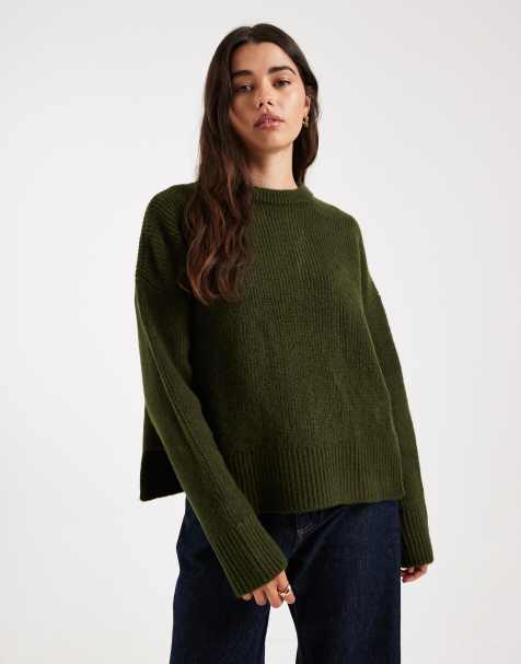 ASOS DESIGN knit crew neck sweater with step hem in khaki - view 1