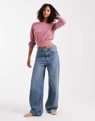 Asos Design Knit Crew Neck Sweater With Waisted Detail In Pink