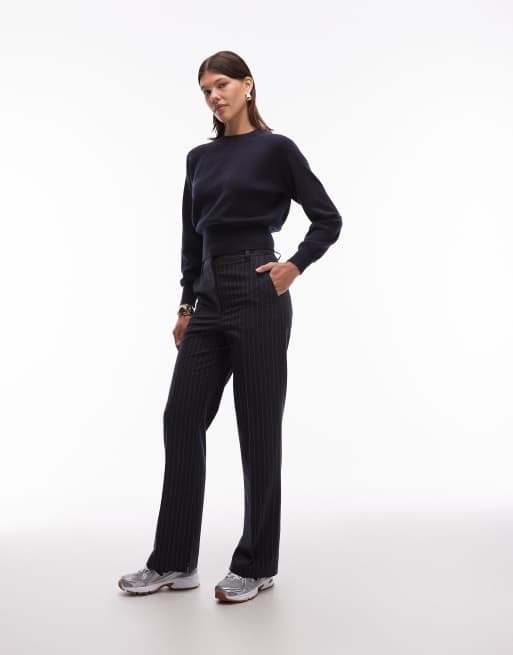 ASOS DESIGN knit crew neck sweater with waisted detail in navy