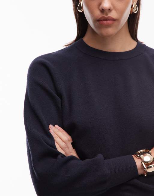 ASOS DESIGN knit crew neck sweater with waisted detail in navy