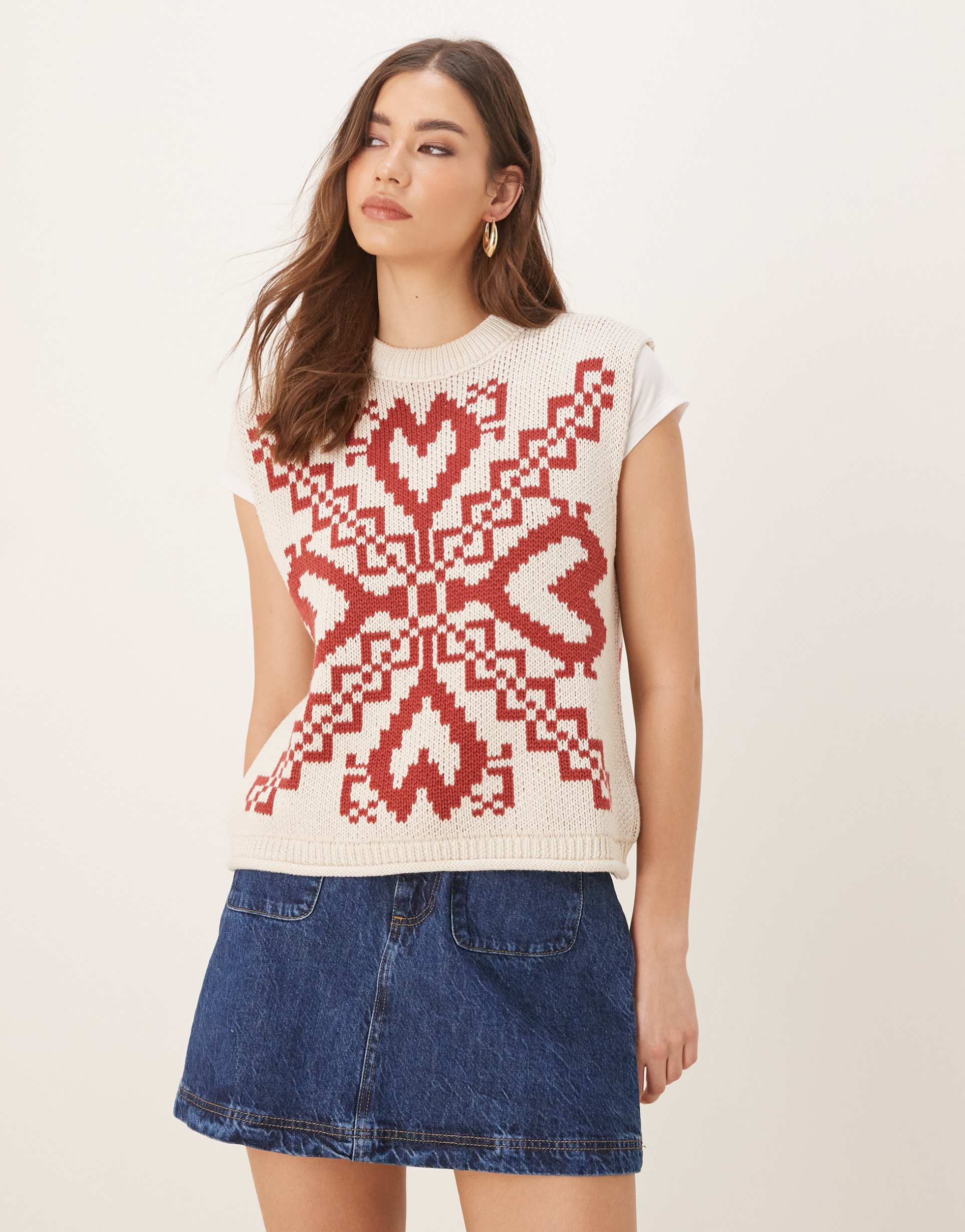 asos design knit crew neck tank with folk print and fringe detail in cream