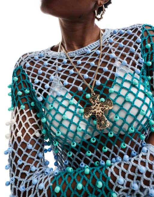 beaded crochet mini dress in aqua Aqua Blue Crochet Short Dress or Cover-up Small