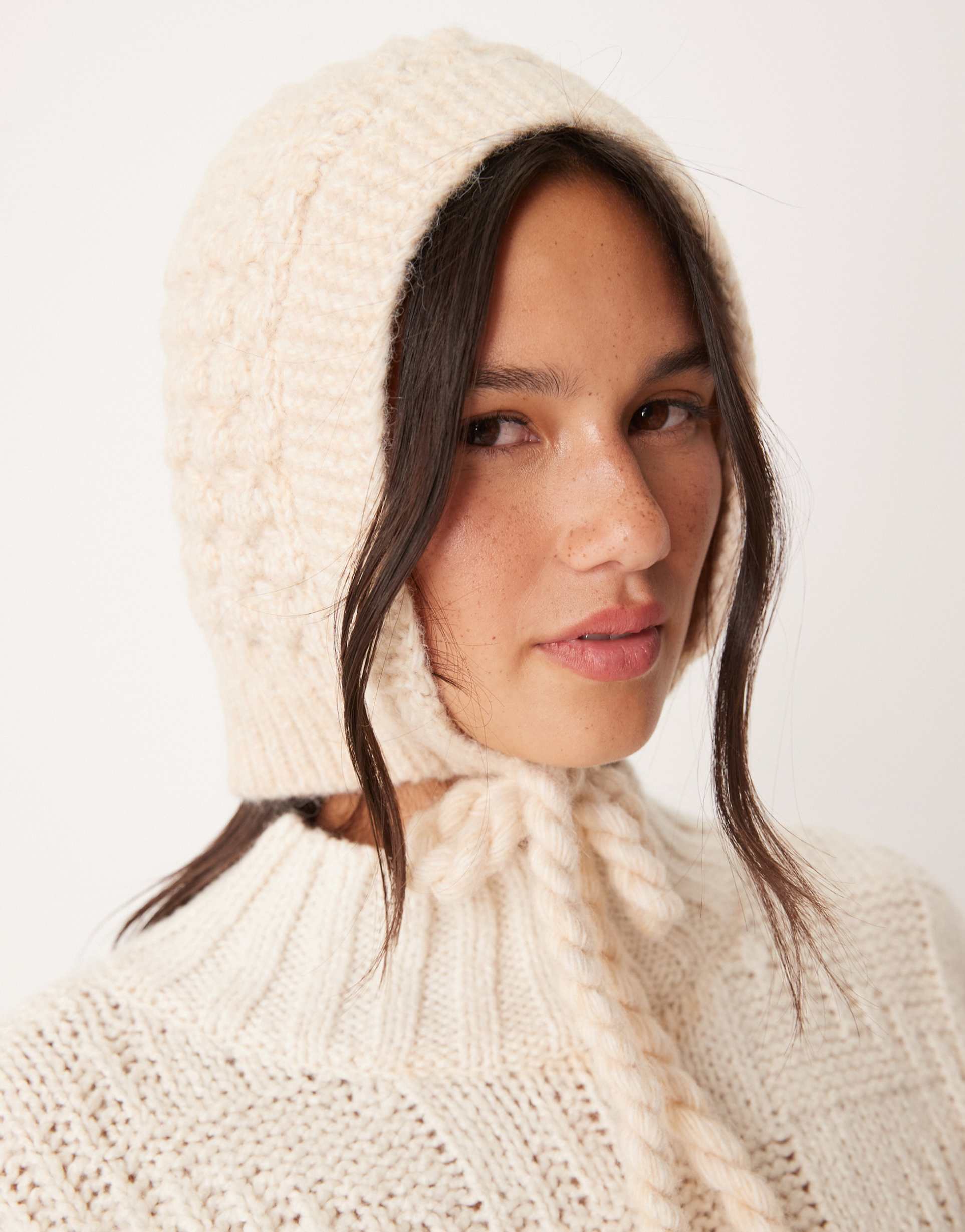 asos design knit crochet bonnet in off-white