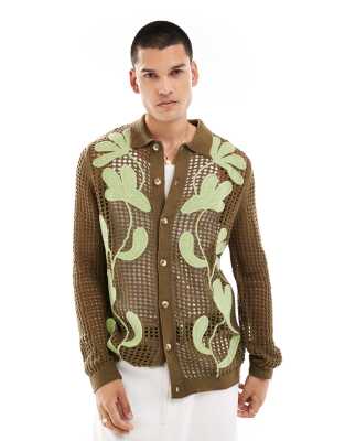 Asos Design Knit Crochet Button Up Collar Cardigan In Khaki With Floral Embroidery-green