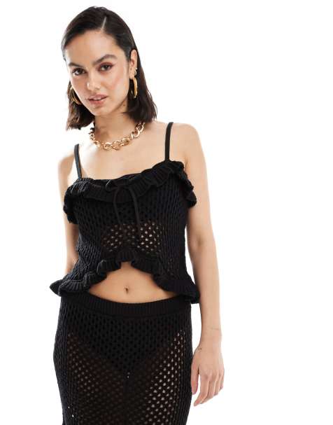 ASOS DESIGN knit crochet cami top with frill and tie detail in black - view 1