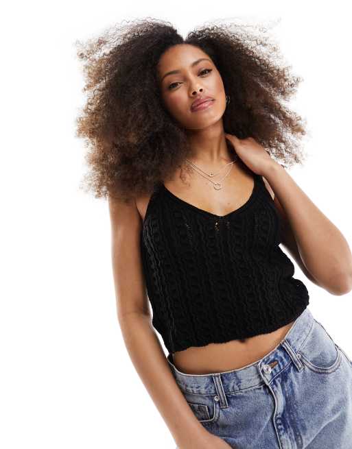 Crochet Knit Tank Top in Black