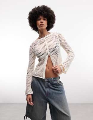 Asos Design Knit Crochet Longline Cardigan In White